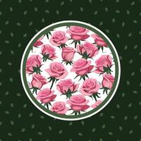 card with leaves and round frame with pink roses background vector