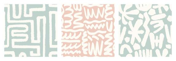 1970 Naive boho seamless pattern pack with squiggle, daisies. Matisse pattern. Messy graffiti Doodle vector