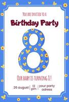 Birthday invitation card template for eight year celebration event. vector