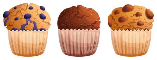 Chocolate and blueberry muffin set. Sweet pastry cartoon illustration collection isolated on white. Bakery menu design element. vector