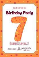 Seven year child birthday party invitation postcard template with cartoon number 7. vector