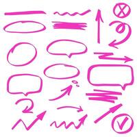 Hand drawn pink marker scribble bubbles, frame, arrows, highlights set. vector