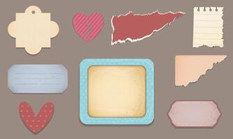 Vintage old labels set. Torn paper, frame, heart design elements. vector