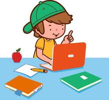 A student boy sitting on his desk in front of his computer at home or in school classroom. Child doing his homework and desk is full of books and notes. vector