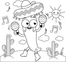 Cartoon mariachi chili pepper playing music with maracas and dancing in the Mexican desert. Cartoon jalapeno pepper. Black and white coloring page vector