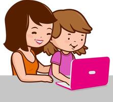 A mother and a child sitting on the desk in front of the computer. Parent or teacher helps student girl at home with homework for school. vector