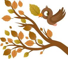 Autumn season tree with brown fallen leaves and bird. A cute bird flying and a tree branch full of dry leaves. vector