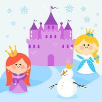 Pretty princesses in a winter snowy landscape with a castle and a snowman. Children fairy tale with characters in the snow. Cute princess girls in the snow tower. vector