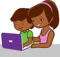 A mother and a child sitting on the desk in front of the computer. Parent or teacher helps student boy at home with homework for school. vector