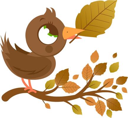 Cute bird in Autumn and tree branch with dry leaves. Fall season tree with brown fallen leaves and bird.