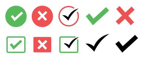 Checkmarks. A red icon indicates the task has not been completed, and a green checkmark has completed the task. A yes or no check mark in a green box and a red cross. vector