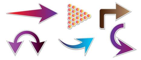 Arrows. Set of isolated multi-colored gradient arrows of different shapes on a white background. Blue, lilac, pink, brown, yellow colors. design element. vector