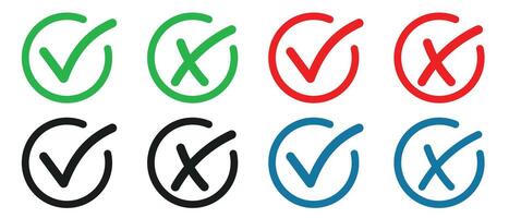 Set of buttons with checkmark and cross icon. Checkbox icon with right and wrong buttons and yes or no checkmark icons in green, red, blue and black box. vector