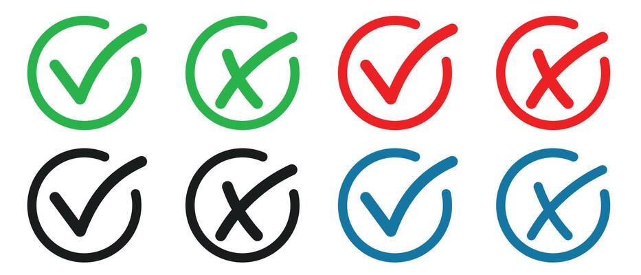 Set of buttons with checkmark and cross icon. Checkbox icon with right and wrong buttons and yes or no checkmark icons in green, red, blue and black box.