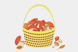 Forest mushrooms in a basket. Concept of autumn, leaf fall, harvest, Thanksgiving. vector