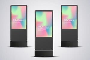 Three LED Screen Mockup in 3Ds of Realistic screen light box for out door signage design. Collection of three 3Ds LED mock up Illuminated lightbox vector