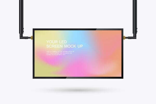 A Hanging LED Screen Mockup in 3Ds of Realistic screen light box. a hanging LED screen mock-up with a sleek, black frame on white background