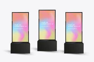 Set of three LED Screens Mockup in 3Ds of Realistic screen light box. LED screen mock-up on collorful with a sleek, black frame on white background vector