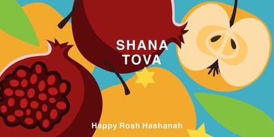 Rosh Hashana, Rosh Hashanah, Jewish New Year greeting card, cover, holiday web banner, poster. Hand drawn illustration design template with apple and pomegranate pattern. vector
