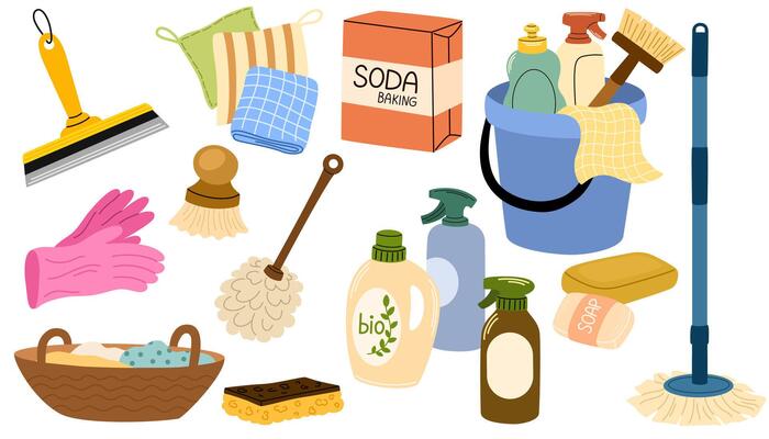 Cleaning supplies set. Home chemical detergent in bottles, household tools, equipment. Brush, mop and gloves, housework accessories. Flat graphic illustrations isolated on white background
