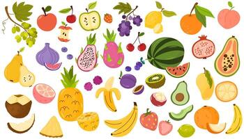 Set of different fruits and berries. Collection of organic vitamins and healthy nutrition. Watermelon, pineapple, bananas and avocado. Flat illustration isolated on white background vector