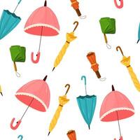 Umbrellas, seamless pattern, endless background. Rain weather accessories, open and closed, repeating print, texture design for textile, fabric, wrapping. Printable repeatable flat illustration vector