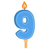 Birthday candle of 9 number shape for bday celebration. Glowing wax candlelight with flame for nine age party cake for 9th year anniversary. Flat illustration isolated on white background vector