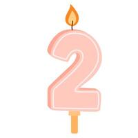 2 number-shaped birthday candle for second year anniversary. Two figure wax candlelight with flame for party cake for 2d bday. Colored flat illustration isolated on white background vector