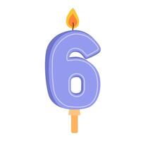 6 number candle for birthday cake. Wax decor for 6th year anniversary. Sixth age figure-shaped decoration with glowing flame. Flat illustration isolated on white background vector