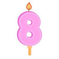 8 number birthday candle for 8th year anniversary, age of eight. Figure-shaped wax candlelight with flame for bday party cake. Colored flat illustration isolated on white background vector