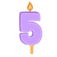 5 shaped birthday candle for 5th year anniversary. Wax number five with light for bday holiday cake for fifth age party with glowing candlewick. Flat illustration isolated on white background vector