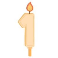 Birthday candle of number 1 for 1st year anniversary. Glowing figure-shaped wax candlelight with flame for party cake for age one. Flat illustration isolated on white background vector