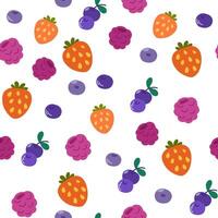 Berry pattern, print. Seamless background, texture with strawberries, raspberries, blueberries, currants and bilberries. Summer sweet healthy food, endless repeating design. Flat illustration vector