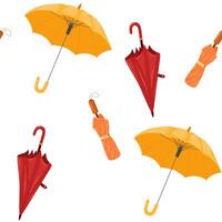 Umbrellas, seamless pattern, endless background. Rain weather accessories, open and closed, repeating print, texture design for textile, fabric, wrapping. Printable repeatable flat illustration vector