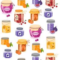 Jam pattern. Conserved fruits, confiture, jelly marmalade in jars, seamless background design. Sweet preserves, repeating print, texture for wrapping, textile, fabric. Colored flat illustration vector