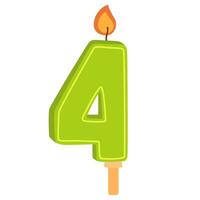 Birthday candle of number 4 shape for 4th anniversary. Wax figure with candlelight with flame for holiday cake for fourth age party. Flat illustration isolated on white background vector