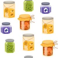 Fruit jam in jars, seamless pattern. Confiture, jelly preserves, homemade marmalade. Endless background, texture, print for wallpaper, textile, wrapping design. Colored flat illustration vector