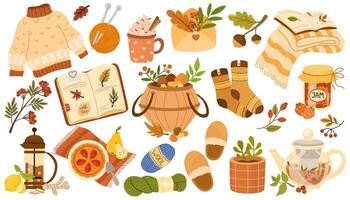 Hygge set, hand drawn , scandinavian doodle sketchy elements. Cozy comfortable lifestyle, winter and autumn mood. Flat illustration isolated on white background vector