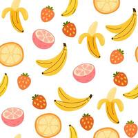 Fruit and berry, seamless pattern. Natural summer food, endless background, texture design. Banana, strawberry, orange, repeating print. Flat illustration for wrapping, wallpaper, textile vector
