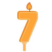 Number-shaped candle for age of 7 birthday. Wax decoration for 7th year anniversary. Bday cake decor with glowing flame. Burning candlelight. Flat illustration isolated on white background vector