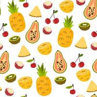 Fruit and berry, seamless pattern. Natural summer food, endless background, texture design. Pineapple, papaya, kiwi, cherry, repeating print. Flat illustration for wrapping, wallpaper, textile vector