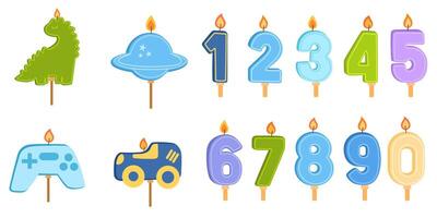 Boy birthday candles set in blue colors, number candles, different shapes. Flat illustration isolated on white background vector