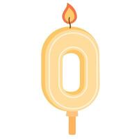 Birthday candle of 0 number shape for birth of newborn. Glowing flame of figure null wax candlelight with stick and fire for party cake. Flat illustration isolated on white background vector