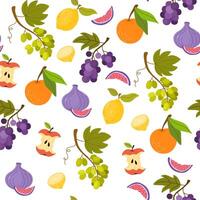Fruit and berry, seamless pattern. Natural summer food, endless background, texture design. Grapes, orange, apple, fig, lemon, repeating print. Flat illustration for wrapping, wallpaper, textile vector