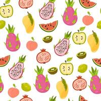 Seamless fruity pattern. Tropical background with summer fruits and berries repeating print. Printable endless texture design with exotic healthy vitamin food. Colored flat graphic illustration vector