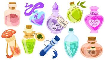 Magic potions. Alchemist cartoon bottles with love potion and magical elixir, witch and wizard magic vials. Witchcraft tools and mystical symbols collection doodle drawing isolated on white set vector