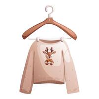 A wool sweater with a cute toy deer print is hanging on a hanger. vector