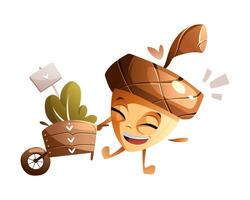 Funny cartoon character acorn rolls a cart with oak leaves. vector