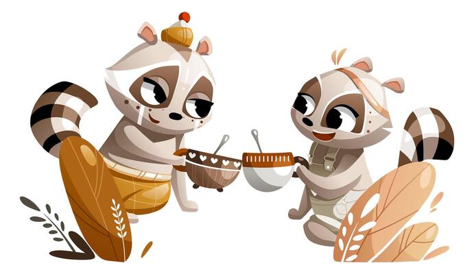 Illustration characters raccoons have lunch in nature