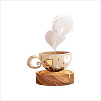 Autumn cup of hot tea standing on a wooden stand with a feather in the shape of an oak leaf. vector